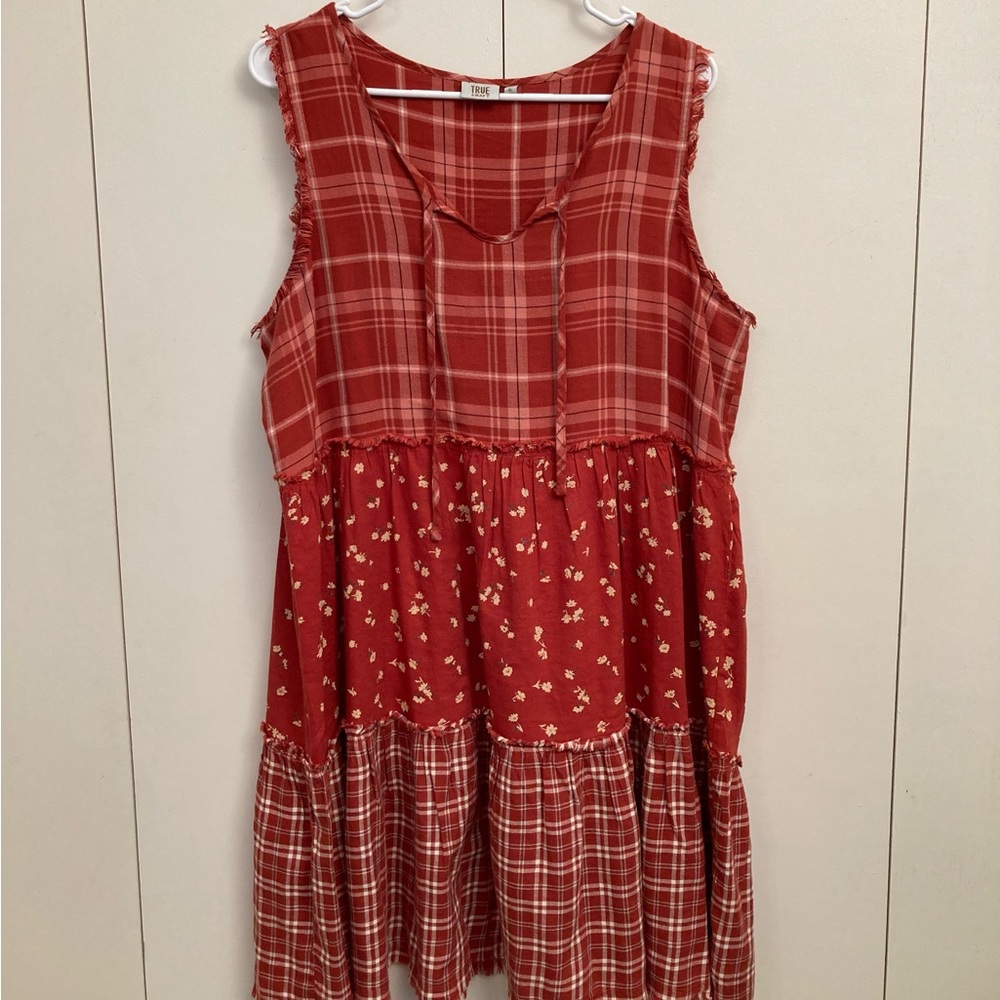 True Craft Boho XL Sleeveless Tiered Plaid/ Floral Dress With Raw Hem